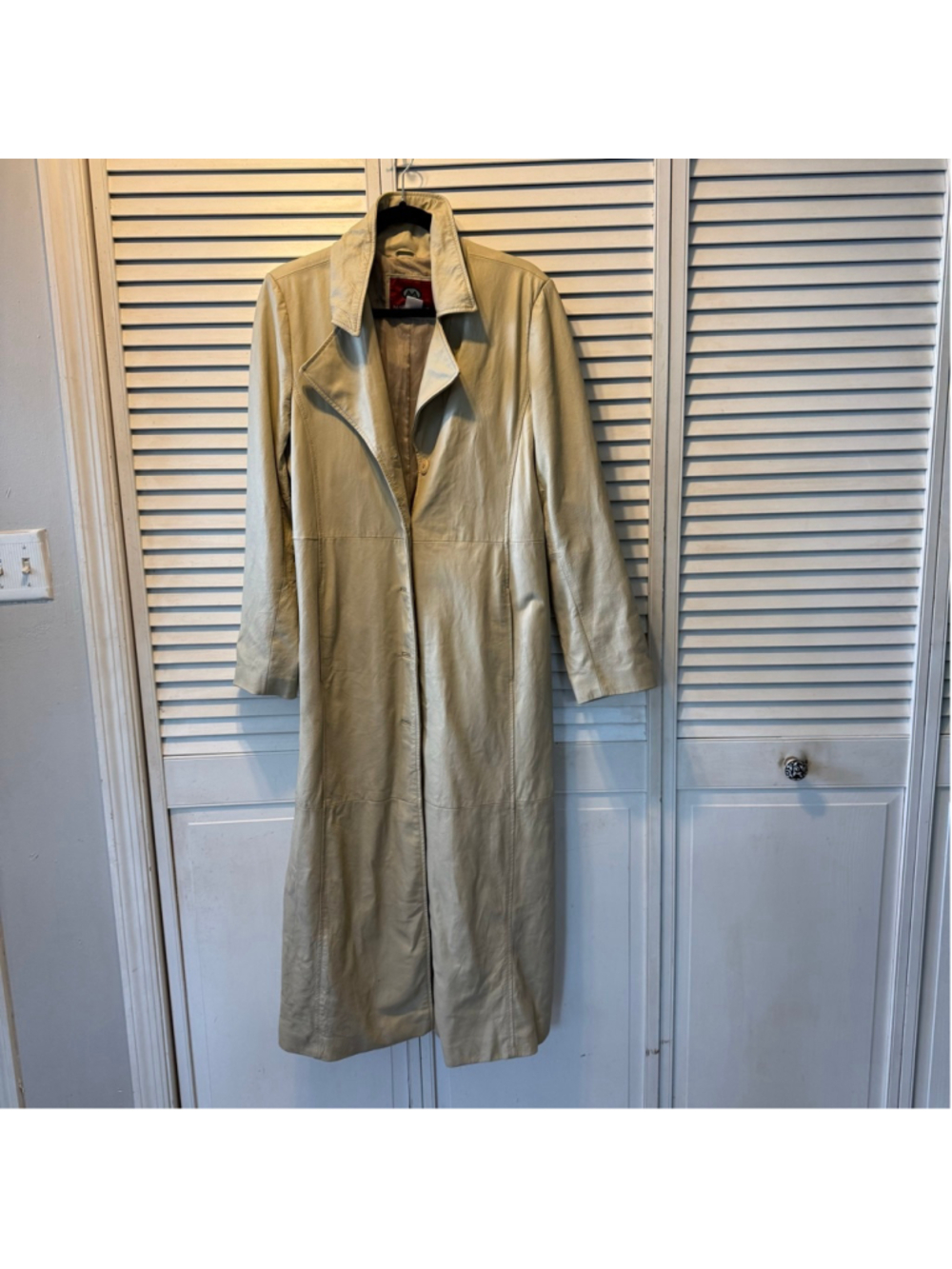 Marc Mattis Women’s Genuine Leather Long Trench Coat Jacket Beige Cream Size L